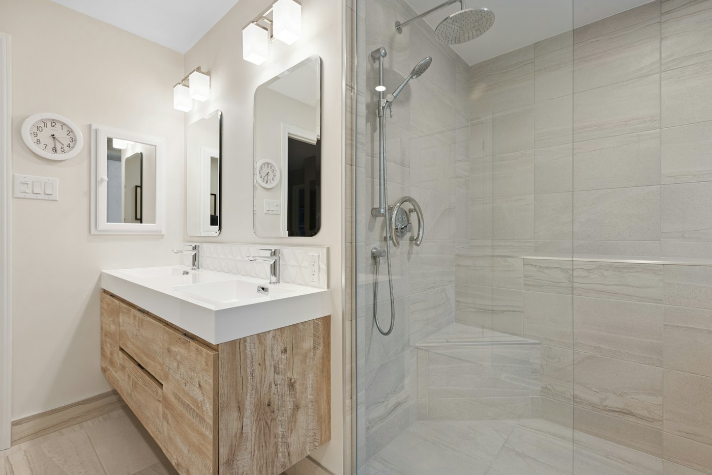 A bathroom with a level-access walk-in shower